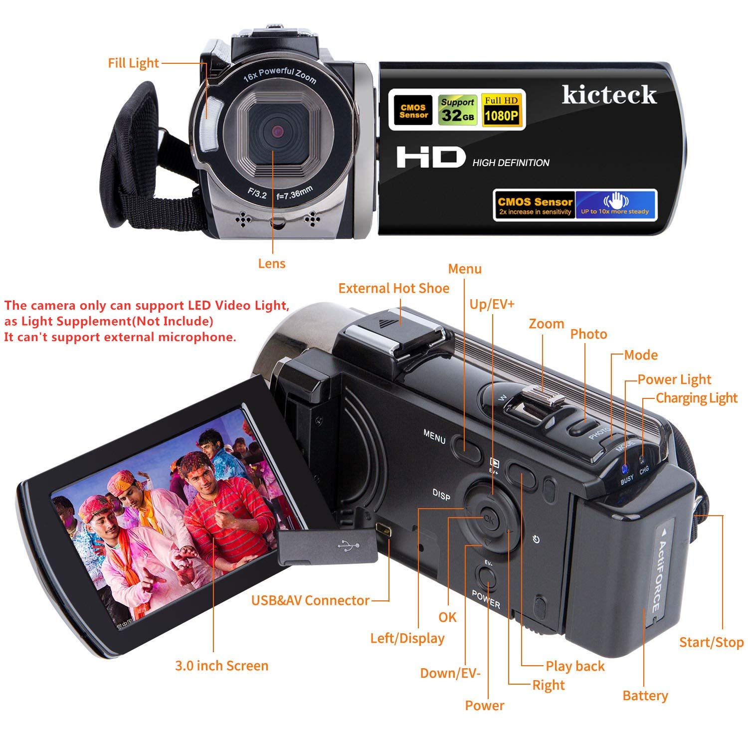 Kicteck Video Camera Camcorder Digital Camera Recorder Full Hd 1080P 15Fps 24Mp 3.0 Inch 270 Degree Rotation Lcd 16X Zoom Camcor